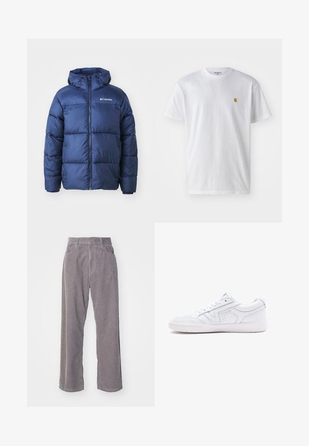 Navy blue puffer jacket with a hood, featuring a zip front, elastic cuffs, and a quilted design. Columbia logo on the upper left chest.; White cotton t-shirt with short sleeves, crew neck, featuring a small gold logo on the left chest area. Soft texture and regular fit.; Gray corduroy pants with a wide-leg design, featuring vertical ribbing, a button closure, and two front pockets.; White leather sneaker featuring a low-top design, round toe, perforated detailing, and a textured sole. Laces and subtle stitching accents included.
