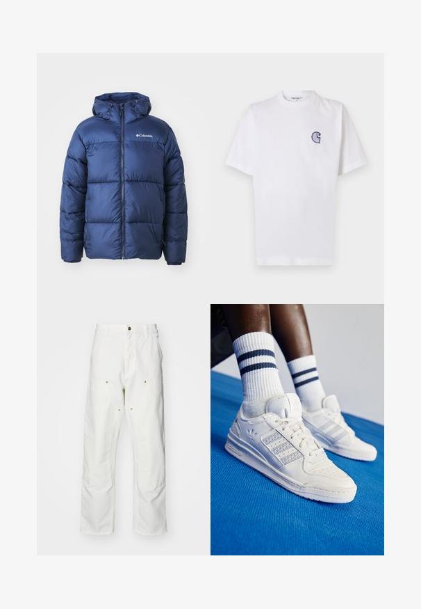 Tengerészkék pufi dzseki kapucnival, elöl cipzárral, rugalmas mandzsettákkal és steppelt mintával. Columbia logo a bal felső mellrészen.; Fehér pamut póló rövid ujjakkal, kerek nyakkivágással és egy kis, hímzett kék "C" logóval a bal mellrészen.; Fehér pamut cargo nadrág, laza szabású. Jellemzői közé tartozik az elülső zsebek, az arany színű fémalkatrészek és a megerősített térd részek.; Fehér bőr sportcipők perforált díszítéssel, három fényes csíkkal és texturált oldalpanellel. Fehér zoknival viselve, ami kék csíkos.