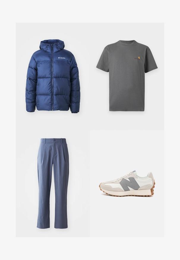 Námořnická modrá prošívaná bunda s kapucí, s předním zipem, elastickými manžetami a prošívaným designem. Logo Columbia na horní levé části hrudníku.; Šedé tričko s krátkým rukávem vyrobené z bavlny; má jemné logo v oranžové a burgundské barvě na hrudi. Základní design s kulatým výstřihem.; Námořnické modré kalhoty s záhyby, rovného střihu, vyrobené z lehké tkaniny, s jedním předním knoflíkem a poutky na opasek.; Retro běžecká obuv v bílé a šedé barvě, s svrchním materiálem z semiše a kůže, texturovaným šedým logem "N" a gumovou podešví poskytující trakci.
