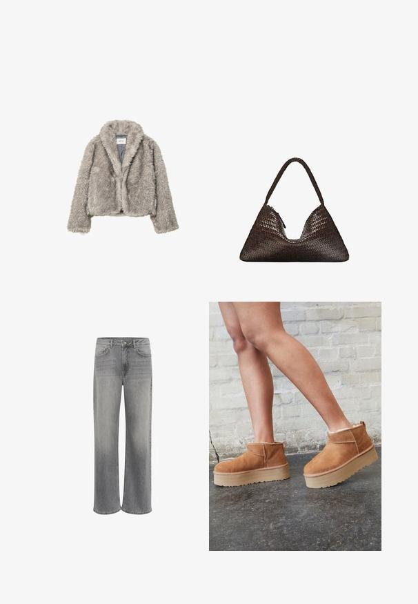 Grau gefärbte Kunstfelljacke, tailliert geschnitten, mit langen Ärmeln und einem breiten Kragen, einschließlich eines sichtbaren Markenlabels im Nacken.; Hellgrauer, gestrickter Langarmpullover mit ribbeltem Saum und Bündchen, V-Ausschnitt und lässiger Passform.; Weißes T-Shirt mit kurzen Ärmeln aus Baumwolle. Hat einen Rundhalsausschnitt und eine lockere Passform. Glatte Textur ohne sichtbare Muster oder Akzente.; Weite Jeans aus grauem Denim mit hoher Taille, fünf Taschen, einem vorderen Knopfverschluss und dezentem Verblassen des Materials.; Braune Wildleder-Stiefeletten mit einem weichen Futter, dicker beige Plateau-Sohle und einer Zuglasche auf der Rückseite. Strukturiert Oberfläche mit sichtbaren Nähdetails.; Dunkelbraune, dreieckige, gewebte Lederhandtasche mit einem einzelnen geflochtenen Griff und sichtbarem Reißverschluss an einer Seite.; Set aus acht silbernen Ringen, verschiedene Designs, darunter glatte, strukturierte und einer mit kleinen Perlen. Merkmale sind Kurven und Akzente.