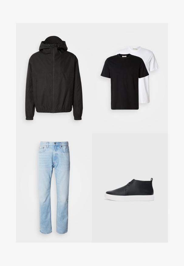 Zwarte zip-up jas met een ruime capuchon, elastische manchetten en een aansluitende tailleband. Gemaakt van glad, lichtgewicht materiaal met een matte afwerking.; Twee simpele katoenen T-shirts, één zwarte voor een witte geplaatst, beide met korte mouwen en ronde halslijnen.; Lichtblauwe denim jeans met een rechte pijp, met vervaagde delen, vijf-pocket ontwerp en een klassieke knoopsluiting.; Zwarte leren high-top sneakers met een gladde afwerking, witte rubberen zool en een eenvoudig vetersluiting ontwerp. Beschikt over een trekband aan de achterkant.