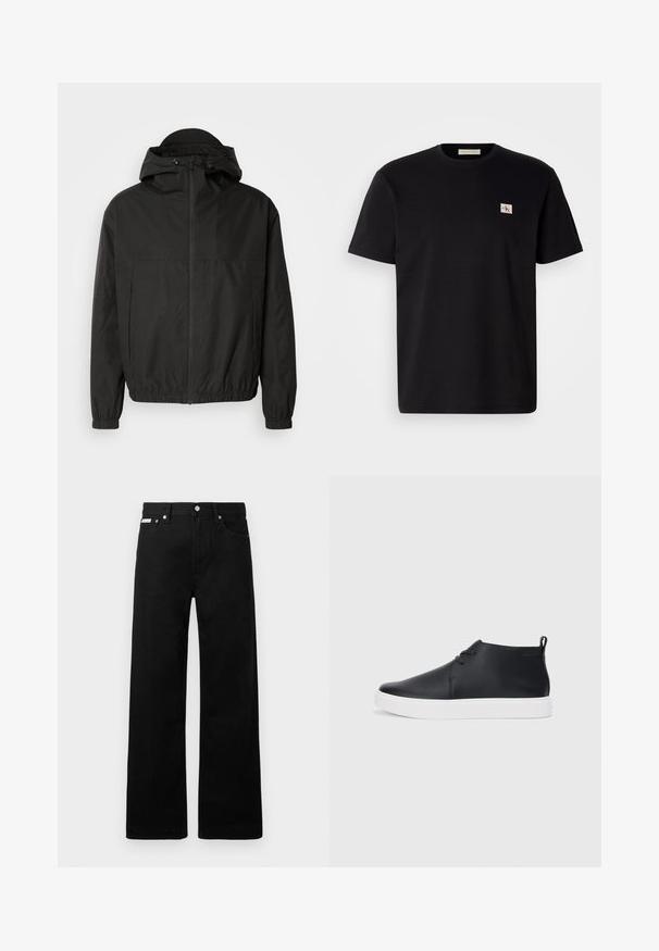 Giacca nera con zip, caratterizzata da un ampio cappuccio, polsini elasticizzati e vita aderente. Realizzata in tessuto morbido e leggero con finitura opaca.; T-shirt di cotone nero con maniche corte, collo rotondo e un piccolo logo ricamato sul lato sinistro del petto. Texture liscia, vestibilità regolare.; Pantaloni in denim nero con design a gamba larga, dotati di cinque tasche e hardware in metallo per i bottoni. Texture liscia, senza motivi visibili.; Sneakers alte in pelle nera con finitura liscia, suola in gomma bianca e un design semplice con lacci. Presentano un occhiello sul retro.