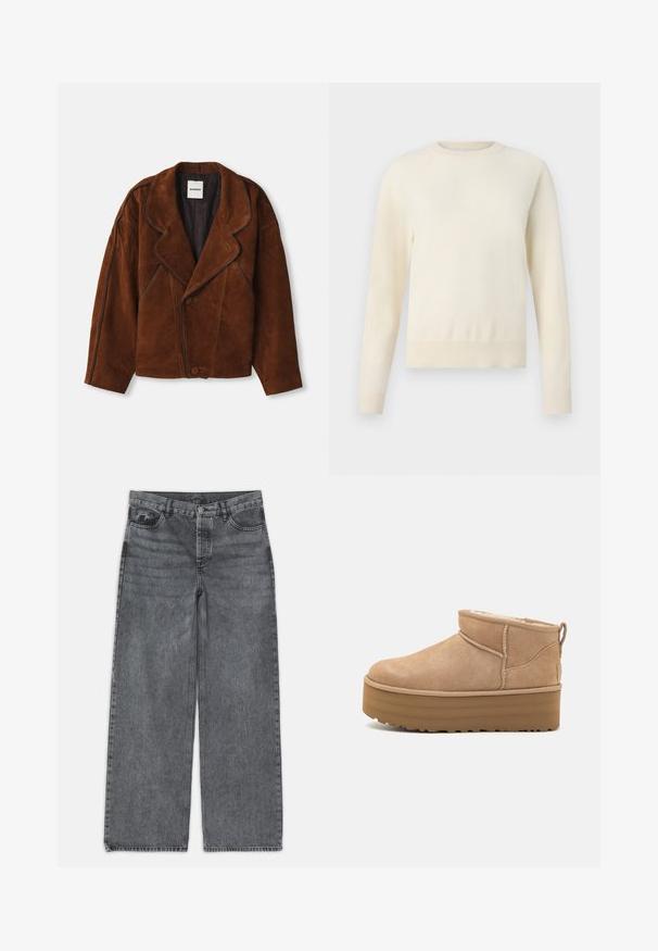 Giacca in suede marrone con colletto a punta, vestibilità over-size, chiusura doppiopetto e piping a contrasto lungo le cuciture.; Maglione color crema chiaro con maniche lunghe, scollo rotondo e orlo a coste. Realizzato in un materiale morbido, con una texture liscia.; Jeans a gamba larga in denim grigio scuro. Presentano una vita alta, design a cinque tasche e chiusura anteriore con bottone. Texture liscia con un leggero sbiadimento.; Stivaletti alla caviglia in suede beige con un interno morbido, dotati di suola platform e di una linguetta sul retro per una facile indossabilità. Suola in gomma texturizzata.