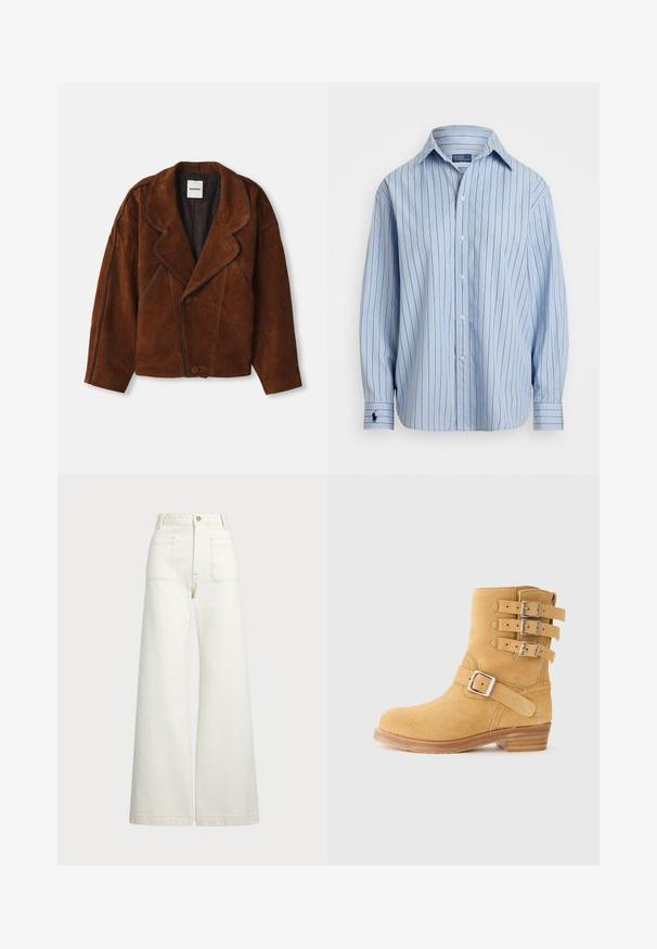 Brūns zamšādas žakets ar iegrieztu apkakli, lielizmēra piegriezumu, divrindu aizdari un kontrastējošu apdari gar šuvēm.; Gaiši zila garā piedurkne krekls ar vertikālām svītrām baltā un brūnā krāsā, ar pogām priekšpusē un mazu logo kreisajā piedurknes daļā. Mīksta auduma tekstūra.; Platās kājas džinsi off-white denima. Augsta jostasvieta ar pogu aizdari, divas priekšējās kabatas un kontrastējošas šuvju detaļas.; zamšādas potīšu zābaks dzeltenā krāsā ar trim sprādzēm sānos, apaļu purngalu un kārtojumu no koka