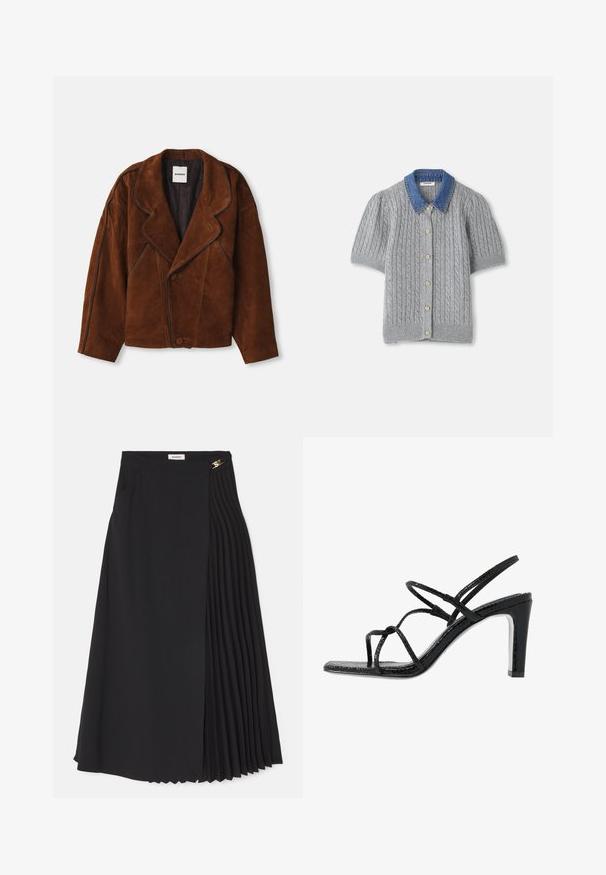 Hnedá semišová bunda s ohnutým golierom, voľným strihom, dvojradovým zapínaním a kontrastným lemovaním pozdĺž švov.; Sivý pletený cardigan s krátkym rukávom, zdobený káblovým vzorom, s džínsovým golierom a piatimi zlatými gombíkmi na prednej strane.; Čierna midi sukňa s plisovaným dizajnom na jednej strane, vyrobená z ľahkej tkaniny, s skrytým zipsom a bočnými vreckami.; Čierne sandále na podpätku s tenkými pásikmi, štruktúrovaným povrchom, otvorenou špičkou a elegantným, špicatým dizajnom podpätku. Majú hladkú stélku a lesklý povrch.