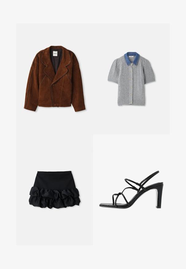 Bruine suede jas met een gekarteld kraag, oversized pasvorm, dubbele knoopsluiting en contrasterende piping langs de naden.; Grijze gebreide kortärmsgilet met een kabelpatroon, voorzien van een denim kraag en vijf gouden knopen aan de voorkant.; Zwarte mini-jurk met een aansluitende top en drie lagen ruches aan de onderkant, met een gladde textuur en strakke lijnen.; Zwarte hoge sandalen met dunne banden, een gestructureerde afwerking, open teen en een slank, puntig hakontwerp. Beschikt over een gladde inlegzool en een glanzend oppervlak.