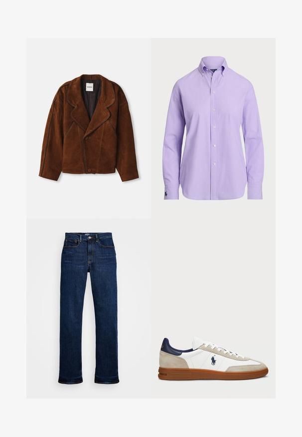 Ruskean mokkanahka takki, jossa on lovellinen kaulus, ylisuurta muotoa, kaksirivinen kiinnitys ja kontrastiväriset pipingsivut.; Vaaleanvioletti nappikauluspaita, jossa on pitkät hihat ja kevyt kangas. Hihassa on hienovarainen brodeerattu logo.; Tummansiniset farkut, joissa on suora lahje, viisi taskua, kuparin värisiä tikkejä ja klassinen nappikiinnitys.; Valkoiset ja beige tennarit, joissa on nahka- ja mokkanahka päällinen, tummansinisiä yksityiskohtia ja ruskea kumipohja. Mukana on logo sivuilla ja nauhakuormitus.