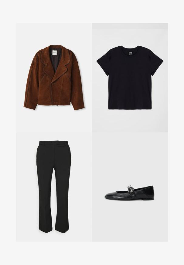 Ruda suedinė striukė su išpjauta apykakle, per dideliu siluetu, dvigubos eilės uždarymu ir kontrastingai dygsniuoto audinio apdaila.; Juodas trumpas rankovės marškinėliai pagaminti iš minkštos medvilnės. Klasikinis apvalus kaklo dizainas su paprasta, nepuošta paviršiumi ir laisvalaikio siluetu.; Juodos pritaikytos kelnės su tiesiomis kojomis, su diržo kilpos ir šoninėmis kišenėmis. Pagamintos iš lygios medžiagos su švariu apdailu.; Juodų odinių baletinių batelių su smailiu nosiu, su užrišamu dirželiu su apvalia metaline sagtimi ir plokščiu padu.