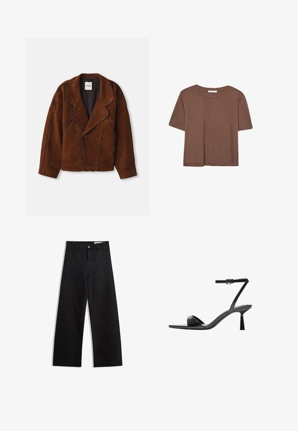 Rjava semiš jakna z razrezanim ovratnikom, prevelikim krojem, dvostranskim zapiranjem in kontrastnim obrobjem vzdolž šivov.; Rjava kratka majica s kratkimi rokavi iz mehkega materiala, s krožnim izrezom in ohlapnim krojem. Brez vidnih vzorcev ali dodatkov.; Črne široke denim hlače z visokim pasom, ki imajo sprednje in zadnje žepe, šivane šive ter gumbasto zapiranje. Gladka tekstura.; Bershka Sandali z visoko peto - black