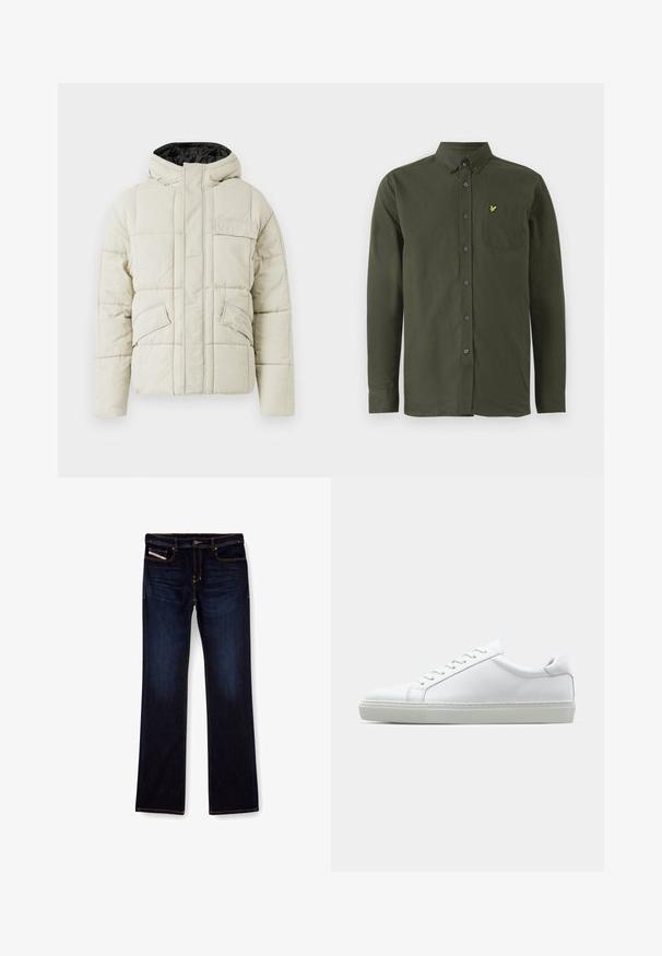 Světle béžová prošívaná bunda s předním zipem, třemi kapsami na klopy a kapucí s černým podšívkou, navržená pro chladné počasí.; Tmavě zelená košile s dlouhým rukávem na knoflíky, s límečkem na knoflíky, náprsní kapsou a malým žlutým vyšitým ptáčkem na kapse.; Tmavě modré džíny z denimu se střihem rovného nohavice, s oranžovým prošíváním, zipem na přední straně a předními kapsami. Hladká textury a standardní pas.; Bílé tenisky s hladkým koženým svrškem a nízkým profilem. Mají zaoblenou špičku, šest nýtů a texturovanou gumovou podrážku.