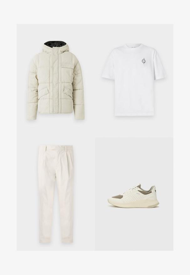 Világos bézs színű steppelt dzseki, elülső cipzárral, három zsebből álló, fedelezett zsebel, és fekete bélésű kapucnival, hideg időjárásra tervezve.; Fehér pamut póló laza szabással, kis fekete grafikai logóval a bal mellen. Rövid ujjak, kerek nyakkivágás.; Fehér, pliszírozott nadrág, testre szabott szabással, sima felülettel, övhurkokkal és karcsú lábszárral. Nincs látható zseb vagy minta.; Fehér és világos bézs sportcipő, légies hálós felsőrésszel, perforált részletekkel és texturált középtalppal, amelyen a saroknál a márka logója található.
