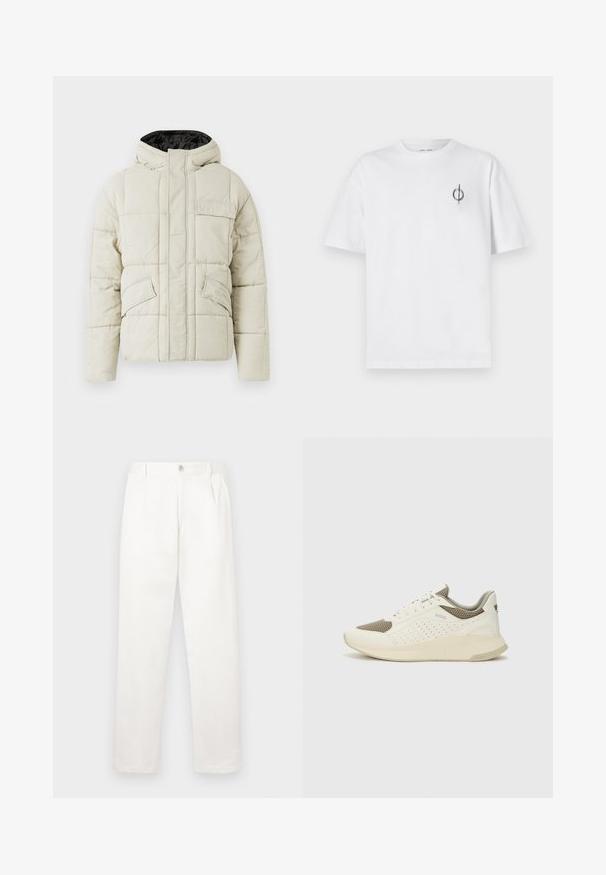 Šviesiai bežinis paminkštintas švarkas su priekiniais užtrauktukais, trimis kišenėmis su užklotais ir juodu pamušalu ant kapučino, skirtas šaltam orui.; Balta medvilninė marškinė su laisvu siluetu, su mažą juodą grafiką logotipą kairėje krūtinės pusėje. Trumpomis rankovėmis, apvaliu kaklu.; Balti kelni, pagaminti iš lygaus audinio, turi tiesią kojos konstrukciją, priekinę klostę ir vieną mygtuką juosmens srityje.; Baltas ir šviesiai bežinis sportinis kedas, su tinklo viršumi, perforuotais detalėmis ir tekstūruotu tarpine su logotipu ant kulno.