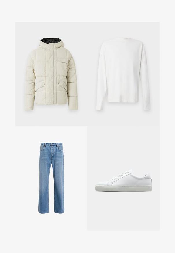 Lys beige polstret jakke med frontglidelås, tre klafflommer og hette med svart fôr, designet for kaldt vær.; Langermet hvit bomullsskjorte med rund hals, sidespalter nederst og en jevn tekstur, vist fra baksiden.; Lys blå denimjeans med rett ben-design, fem lommer, knappeåpning, minimal falming og kontrasterende sømdetaljer.; Hvit sneakers med en glatt skinnoverdel og lav profil. Har en rund tå, seks snøring hull, og en teksturert gummisåle.