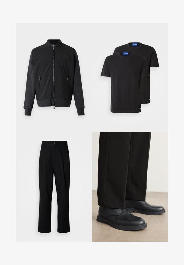 Giubbotto bomber nero con chiusura a zip, polsini a costine e un design in tessuto testurizzato. Presenta una patch con logo sul lato sinistro del petto.; Due magliette di cotone nere con scollatura rotonda, maniche corte e etichette blu "HUGO" sui colli e sui bordi laterali.; Pantaloni neri a gamba dritta con vita con bottoni, passanti per cintura e piega frontale, esposti su uno sfondo bianco semplice.; Scarpe in pelle nera con punta tondeggiante, suola piatta e dettagli minimi. Abbinato a pantaloni neri su misura, che mostrano una superficie liscia.