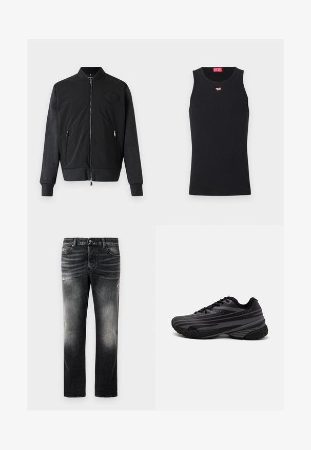 Casaco bomber preto com fecho éclair à frente, punhos canelados e um design de tecido texturizado. Apresenta um patch de logótipos no lado esquerdo do peito.; Camisola preta sem mangas feita de tecido suave, com decote redondo, aberturas para os braços e um pequeno logótipo vermelho no peito. Design simples.; Calças jeans pretas com acabamento desbotado e detalhes desgastados, design padrão de cinco bolsos e fecho com zip. Feitas de tecido denim.; Shoe de corrida preta com um cabedal texturizado apresentando riscas cinzentas. Sola grossa para amortecimento, bico redondo e atacadores planos para um ajuste seguro.