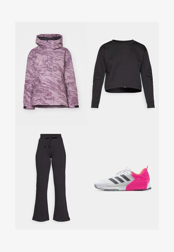 Lilla marmorert skijakke med hette, frontlukking med glidelås og logo, som har et slitesterkt stoff og justerbare mansjetter for optimal passform.; Svart sweatshirt med en kortet design, lange ermer, rund hals og sidepaneldetaljer. Laget av mykt, stretchy materiale. Justerbar hemmedragning.; Sorte, utsvingte joggebukser laget av mykt stoff, med strikk og knyttebånd i livet og en glatt tekstur. Designet for komfort og enkel bruk.; Hvite joggesko med grå striper, mesh-overdel og rosa hæl og detaljer. Har teksturert hæl og gummisåle. Snøring og polstret krage.