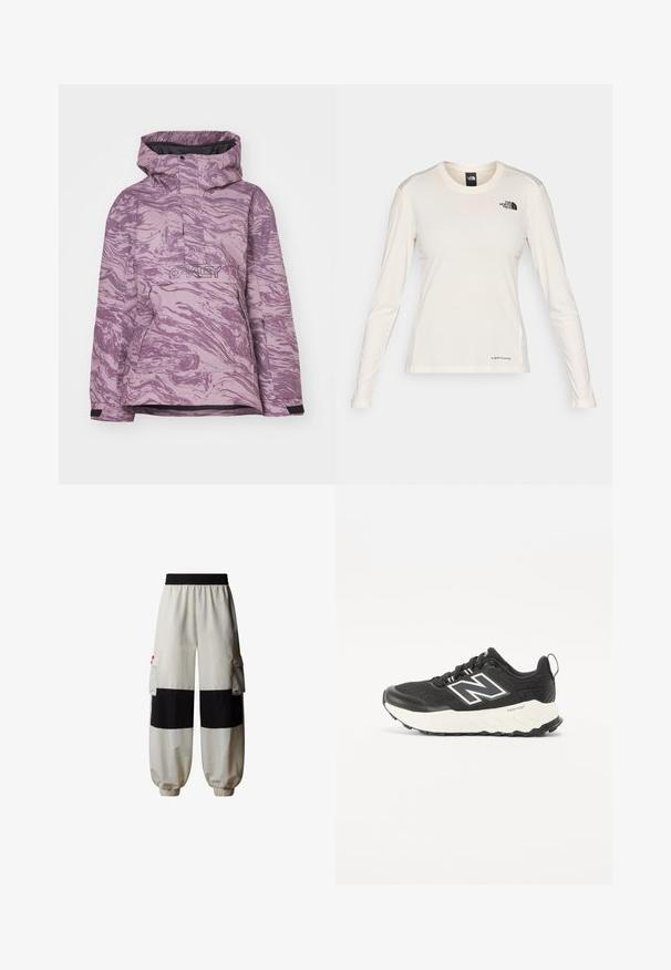 Purple marbled ski jacket with a hood, front zip closure, and logo, featuring a durable fabric and adjustable cuffs for optimal fit.; The North Face SHADOW LONG SLEEVE - Long sleeved top - white dune; The North Face HIMALAYAN - Cargo trousers - white dune tnf black; Black athletic shoes with a textured fabric upper, contrasting white midsole, and a prominent grey logo on the side. Rubber sole with traction.