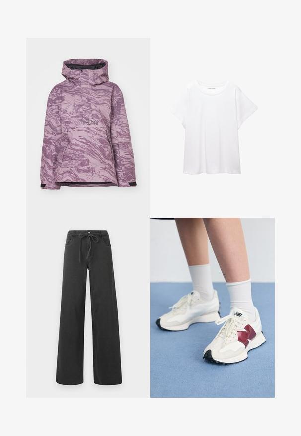 Giacca da sci marmorizzata viola con cappuccio, chiusura frontale con zip e logo, realizzata con un tessuto resistente e polsini regolabili per una vestibilità ottimale.; T-shirt bianco realizzato in un tessuto morbido e leggero. Presenta un collo rotondo e maniche corte e larghe con vestibilità morbida. Nessun motivo visibile.; Jeans neri a gamba larga in denim, con vita regolabile tramite cordoncino, due tasche frontali e una superficie liscia. Nessun motivo o accento visibile.; Paio di sneakers bianche con accenti bordeaux, pannelli testurizzati, suola piatta nera e lacci leggeri, indossati con calzini bianchi alla caviglia.