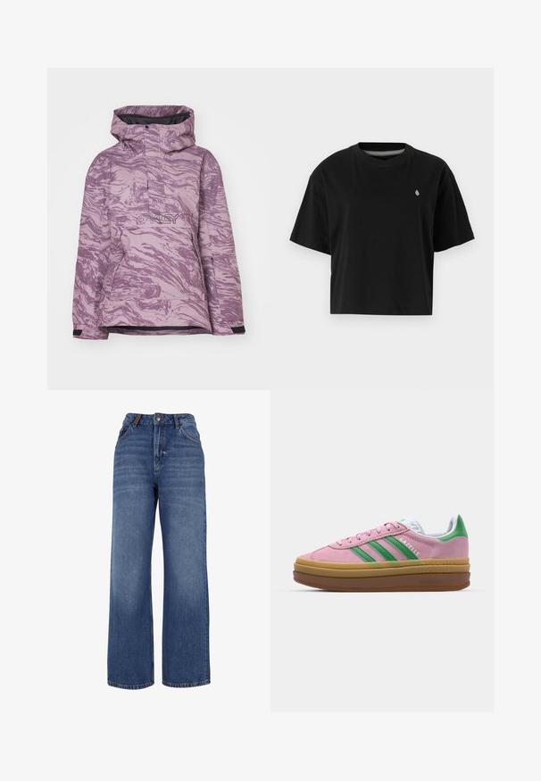 Purple marbled ski jacket with a hood, front zip closure, and logo, featuring a durable fabric and adjustable cuffs for optimal fit.; Black cropped t-shirt made of cotton, featuring short sleeves, a round neckline, and a small white logo on the left chest.; Wide-leg denim jeans made from medium-weight blue cotton fabric. Features classic five-pocket design and a zip fly with button closure.; Pink suede sneakers with green stripes, white accents, and a brown rubber sole. Features textured fabric and logo detailing on the side.