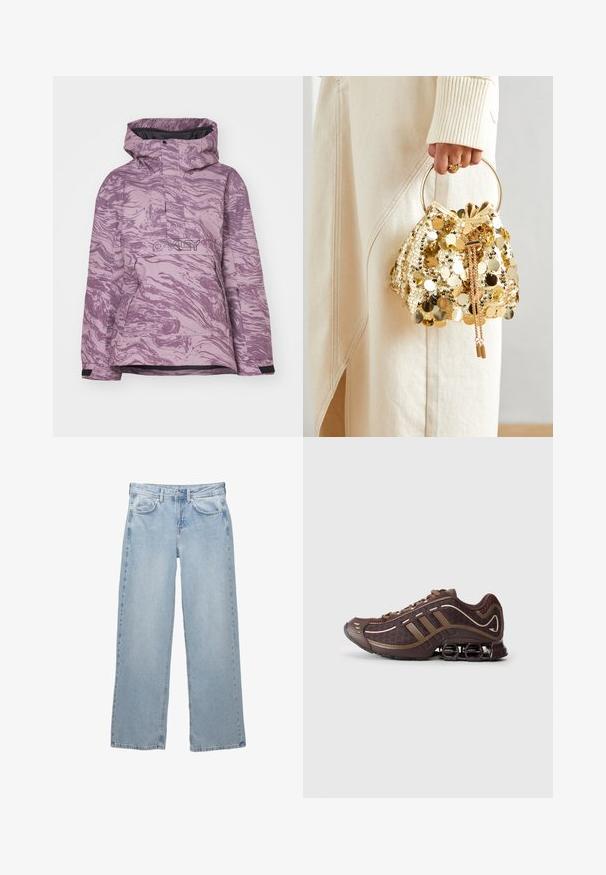 Fialová mramorovaná lyžiarska bunda s kapucňou, predným zipsom a logom, vyrobená z odolného materiálu a s nastaviteľnými manžetami pre optimálne prispôsobenie.; Čierny top s dlhými rukávmi vyrobený z mäkkej tkaniny, s drapovaným dizajnom a prekríženým predným dielom, doplnený o lodičkový výstrih. Hladká textúra, skrátená dĺžka.; Svetlomodré denimové nohavice so širokým strihom, s uzáverom na gombík a zips, piatimi vreckami a minimálnymi šitými detailmi.; Hnedá atletická obuv s vrchnou časťou z mäkkej sieťoviny a syntetických materiálov, so znakmi troch pruhov, detailným prešívaním, mäkkou podrážkou a charakteristickým pružným podpätkom.; Zlatá taška na šnurovanie so zaoblenou rukoväťou, zdobená lesklými okrúhlymi flitrami a texturovaným materiálom. Rozmery nie sú uvedené.