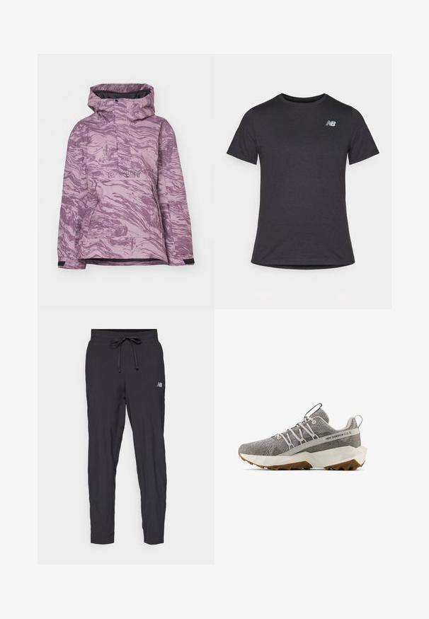 Ljubičasta marmorirana skijaška jakna s kapuljačom, prednjim zatvaračem na zip, i logotipom, koja ima izdrživu tkaninu i prilagodljive manžete za optimalno pristajanje.; Črna majica s kratkimi rokavi iz mehkega blaga, z majhnim sivim logotipom New Balance na zgornjem levem prsnem delu, klasična zasnova okroglega izreza.; Črne trenirke iz lahkega materiala z elastičnim pasom in nastavljivo vrvico. Imajo tudi majhen logotip na strani.; Sivi New Balance športni copat s teksturiranim pletenim zgornjim delom, belim geometrijskim podplatom, rjavim profilom, elastičnimi vezalkami in zanko na dlani ter peti.