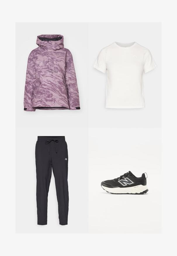 Lila márványmintás sídzseki kapucnival, elülső cipzárral és logóval, tartós anyagból készült, állítható mandzsettákkal a tökéletes illeszkedés érdekében.; Könnyű fehér póló rövid ujjakkal, kerek nyakkal és egy apró logóval a bal felső sarkában. Simasága és enyhe fényessége van.; Fekete futónadrág, könnyű anyagból készült, elasztikus derékkal és állítható húzózsinórral. Az oldalon egy kis logó található.; Fekete sportcipők texturált szövet felsőrésszel, kontrasztos fehér középtalppal és feltűnő szürke logóval az oldalán. Gumi talp, amely tapadást biztosít.