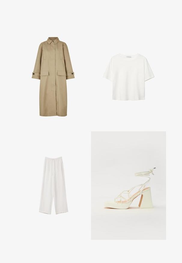 Khaki trenčkot s límcem, dvěma předními kapsami a knoflíkovými manžetami. Vyrobený z hladké tkaniny se rovnými střihy a minimem švů.; Bílý krátký rukáv tričko vyrobené z bavlny. Má kulatý výstřih a volný střih. Hladký materiál bez viditelných vzorů nebo akcentů.; Bílé široké kalhoty vyrobené z lehké tkaniny. Mají elastický pas se šňůrkou a boční kapsy. Hladká textura.; Bílé sandály na vysokém podpatku s robustním podpatkem, s designem s pásky a zavazováním kolem kotníku. Hladký povrch s platformou vpředu pro zvýšení výšky.