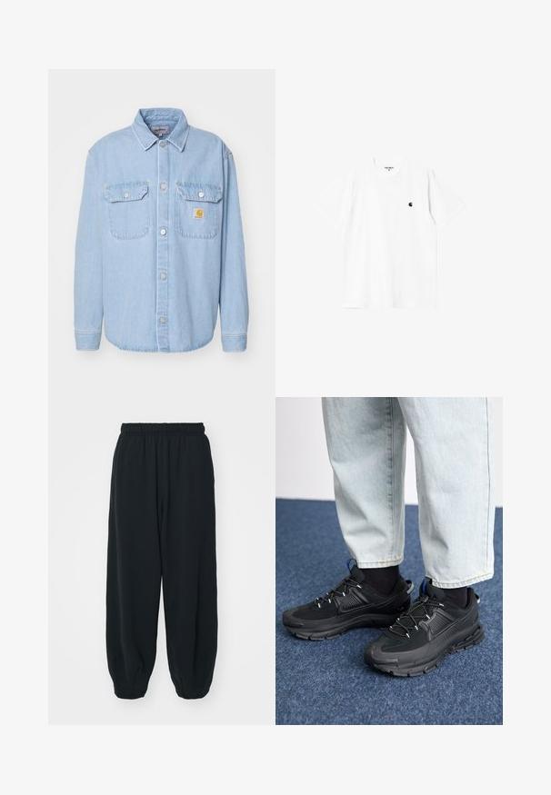 Svetlomodrá denimová košeľa s gombíkmi na prednej strane, dvoma prsnými vreckami a malou nášivkou s logom. Obsahuje klasický golier a dlhé rukávy.; Bela bavlnená tričko s krátkym rukávom, okrúhlym výstrihom a malým čiernym logom na ľavej hrudi. Mäkká textúra a štandardný strih.; Čierne tepláky s elastickým pásom, vo voľnom strihu, s manžetami na členkoch, hladkej textúry a bez viditeľných vzorov alebo kovových doplnkov.; Čierne športové topánky s textúrovanou tkaninou a gumovou podrážkou, so elastickými šnúrkami a modrým akcentom na päte. Nosia sa s svetlými riflami.