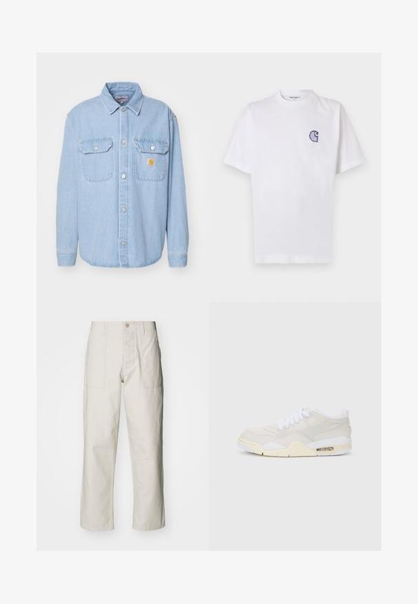 Light blue denim shirt with button-up front, two chest pockets, and a small logo patch. Features a classic collar and long sleeves.; White cotton t-shirt with short sleeves, round neckline, and a small, embroidered blue "C" logo on the left chest area.; Light beige wide-leg pants made of cotton. Features front pockets and a button closure. Smooth texture with subtle vertical lines.; Sneakers with a light beige synthetic upper, white laces, and visible cushioning. Features a smooth sole and subtle side accents.