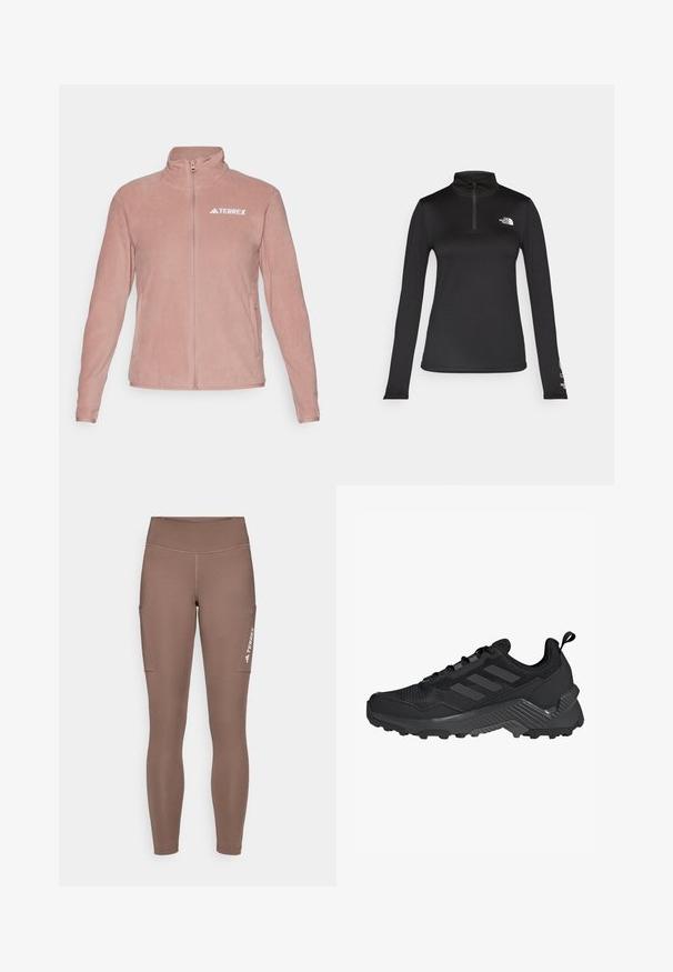 adidas Terrex W MT ESS FZ FL - Giacca in pile - warm clay; The North Face FLEX 1/4 ZIP GRAPHIC - Maglietta a manica lunga - black; Leggings sportivi marroni con vita alta, dotati di tasche laterali e un logo bianco. Tessuto liscio ed elasticizzato per comfort e mobilità.; Scarpa da atletica nera con tomaia in mesh, design a tre strisce, tallone sagomato e suola robusta con tasselli di trazione prominenti.