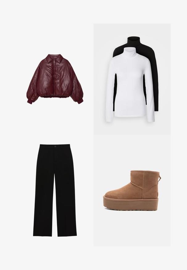 Giacca imbottita bordeaux con colletto, chiusura con zip e polsini elasticizzati. Presenta un silhouette cropped e squadrata con una texture lucida.; Due maglie a manica lunga con collo alto, una bianca e una nera, realizzate in un tessuto morbido e elasticizzato, entrambe con un design aderente e colli alti.; Pantaloni neri a vita alta, a gamba larga, realizzati in un tessuto morbido, con davanti piatto, chiusura con bottone e senza tasche visibili.; Stivale alla caviglia in suede beige con suola platform, punta rotonda e dettagli di cucitura; presenta un inserto sul retro per una facile calzata.