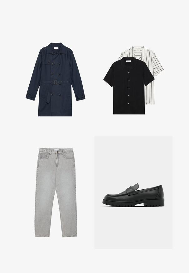 Marine trenchcoat i lett stoff, med dobbelspent knapper, belte i midjen, og to sidelommer med klaffdetalj.; To korte ermer skjorter: en i ensfarget svart, en hvit med svarte vertikale striper. Begge har knappelukkinger og klassisk krage.; Lys grå denimbukser med rett ben-design, fem lommer og knappelukking. Synlig søm langs sømmene.; Sorte lærloafere med rund tå, med en syddesign, lav plattformsåle og en teksturert, ruggede gummisåle.