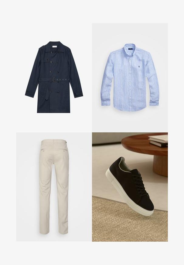Námořnický trenčkot z lehkého materiálu, s dvouřadým zapínáním na knoflíky, páskem v oblasti pasu a dvěma bočními kapsami se klopovým detailem.; Modrá a bílá pruhovaná košile s dlouhým rukávem vyrobená z bavlny, s límcem na knoflíky, předními knoflíky a malým vyšitým logem na hrudi.; Beige kalhoty se hladkým povrchem, rovný střih, dvě zadní kapsy s knoflíky a standardní pas.; Černé tenisky s bílou podrážkou plující nad béžovým texturovaným kobercem poblíž kulatého dřevěného stolu se stohovanými knihami.