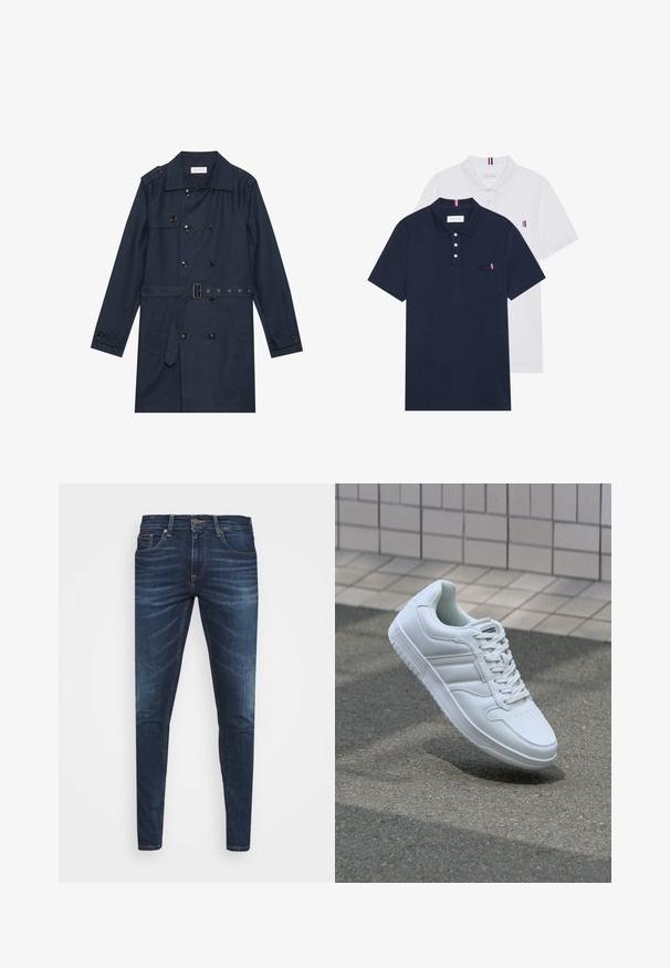 Granatowy płaszcz trench w lekkim materiale, z podwójnym zapięciem na guziki, paskiem w talii oraz dwoma bocznymi kieszeniami z klapą.; Dwa koszulki polo: jedna granatowa, a druga biała, obie z małym akcentem w kolorach czerwonym, białym i niebieskim na kieszeni na piersi oraz kołnierzyku.; Granatowe dżinsy o slim fit, delikatnym wyblaknięciu, pięciu kieszeniach i metalowym zapięciem. Haftowane akcenty w kontrastowym kolorze.; Białe sportowe trampki z gładkiej skóry, z zapięciem na sznurowadła, perforowanym noskiem i wzorzystą podeszwą. Minimalistyczny design z trzema paskami po bokach.