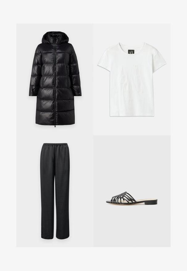 Melnā pūkaini jakā ar kapuci, rāvējslēdzēju un divām sānu kabatām. Izgatavota no spīdīga, quiltēta materiāla ar garumu līdz ceļgalam.; Balta kokvilnas T-kreklu ar īsām piedurknēm, ar uzsistu logotipu "AX" priekšpusē un tekstu "ARMANI EXCHANGE" zem tā, izsmalcinātā dizainā.; Melnas, brīvas bikses ar elastīgu jostu. Izgatavotas no gludas auduma, ar taisno kāju un bez redzamām kabatām vai rotājumiem.; Alexandre Birman LINDA TRESSE - Sandales - black