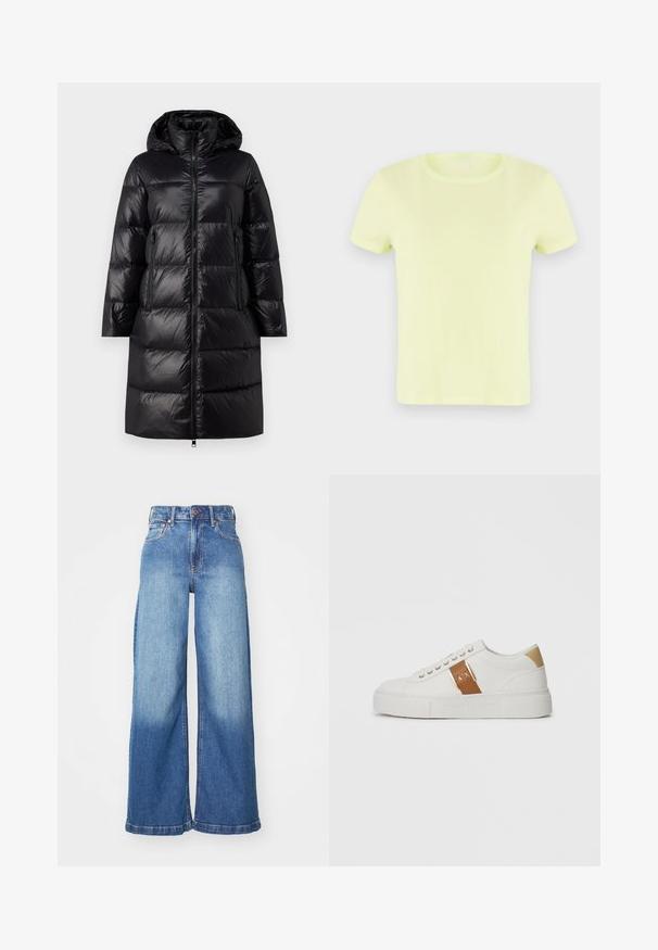Casaco puffer preto com capuz, fecho zip e dois bolsos laterais. Feito de material brilhante e acolchoado, com um design até ao joelho.; T-shirt amarelo néon de manga curta, feito de algodão. Apresenta um decote redondo clássico e uma textura suave e leve.; Jeans de ganga azuis de cintura alta e pernas largas, com botão frontal, fecho de correr e design clássico de cinco bolsos.; Shoe baixo branco com remendo bege no calcanhar, faixa de couro castanho com fivela dourada e marca A|X, e sola em relevo da Armani Exchange.