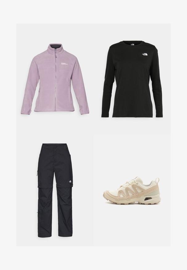 Purple fleece jacket with stand-up collar, full zip, two side pockets, and logo accent on the chest. Soft texture and fitted design.; Black long-sleeve t-shirt made of cotton with a round neck. Features a small white logo on the left chest area. Simple design and fit.; Black nylon zip-off cargo trousers with adjustable cuffs, multiple pockets, and a logo on the right leg. Smooth, lightweight texture.; Beige and cream athletic shoe with textured mesh upper, supportive overlays, and rubber outsole featuring a tread pattern for traction.