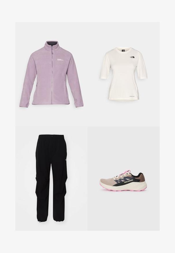 Lilla fliistekk, millel on püsti kaelus, täispikk tõmblukk, kaks küljetaskut ja logo aktsent rinnal. Pehme tekstuur ja sobiv disain.; The North Face SHADOW SHORT SLEEVE - Spordi T-särk - white dune; Mustad must outdoor püksid, valmistatud vastupidavast materjalist, millel on mugav lõige, elastne vöökoht ja reguleeritavad varrukaotsad.; Beež ja roosa Salomoni jooksujalanõud musta logo ja disainielementidega, kreemja vaheplaadiga ja roosa välispõhjaga, vaadatuna külgvaates ühelgusal taustal.