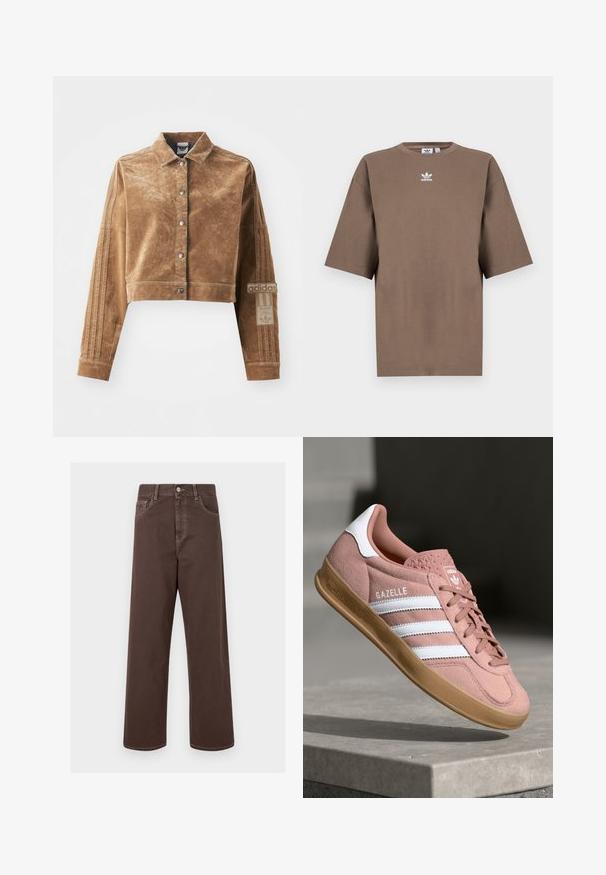 Brūna īsā jaka, kas izgatavota no teksturēta materiāla, ar apkakli, priekšējiem spiedpogām un Adidas zīmolu трīs svītrām uz piedurknēm.; Brūna kokvilnas T-krekls īsām piedurknēm, apaļa kakla izgriezums, ar baltu Adidas logo centrā krūtīs, ar vienkāršu dizainu un brīvu piegriezumu.; Brūnas platās denima bikses ar kontrastējošiem šuvēm, piecām kabatām un metāla pogu aizdari. Gluda tekstūra, taisna griezuma.; Rozā zamša sporta apavi ar baltām svītrām, gumijas zole, teksturēts augšdaļas materiāls un logo uz mēles. Klasisks zema profila dizains.