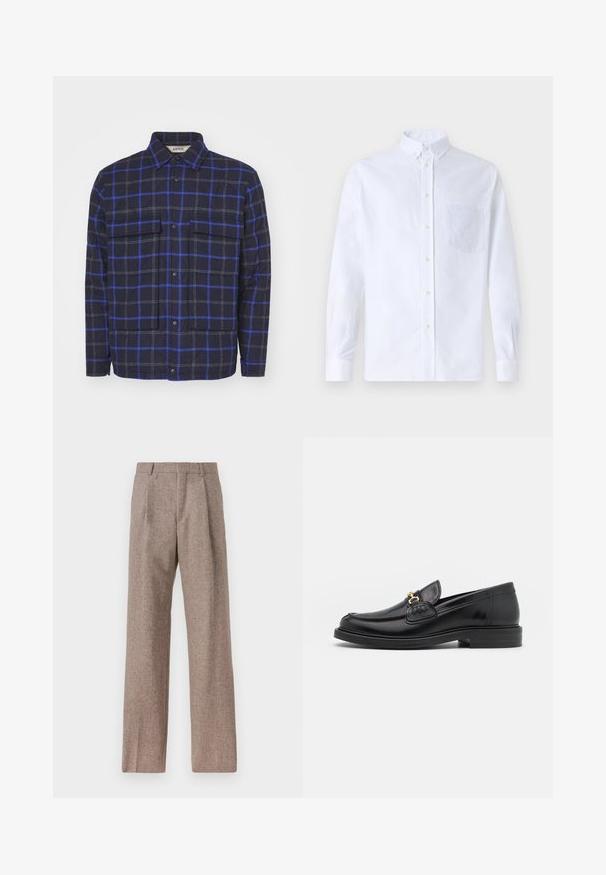 Ternet jakke lavet af tekstureret stof, med en mørk navy baggrund og blå samt grå firkanter, to brystlommer og trykknapper.; Hvid langærmet skjorte med knapper lavet af bomuld, med en brystlomme med tonal broderi, krave og knapmanchetter.; Brune, højtaljede bukser lavet af tekstureret stof. Har brede ben og to frontfoldninger for struktur. Pæn finish uden synlig hardware.; Sorte læder loafers med en rund tå, der har guld hardware accent og syningsdetaljer, placeret på en lav, tekstureret gummisål.