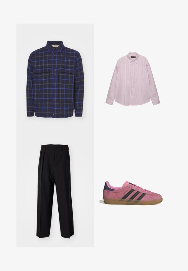 Rutiga jackan är gjord av texturerad tyg och har en mörk marinblå bakgrund med blå och grå rutor, två bröstfickor och tryckknappar.; Ljust rosa skjorta med knappar, vertikala blå ränder, krage, långa ärmar och en lös passform. Tillverkad av ett glatt tyg med en lätt glans.; Svarta plisserade byxor med en rak, bred bendesign. Tillverkade av ett slätt tyg, med knäppning fram och bälteshällor.; Rosa mockasnöre med svarta ränder, gummsula och texturerad lila häl. Har en snörningsdesign och prägling på sidan.