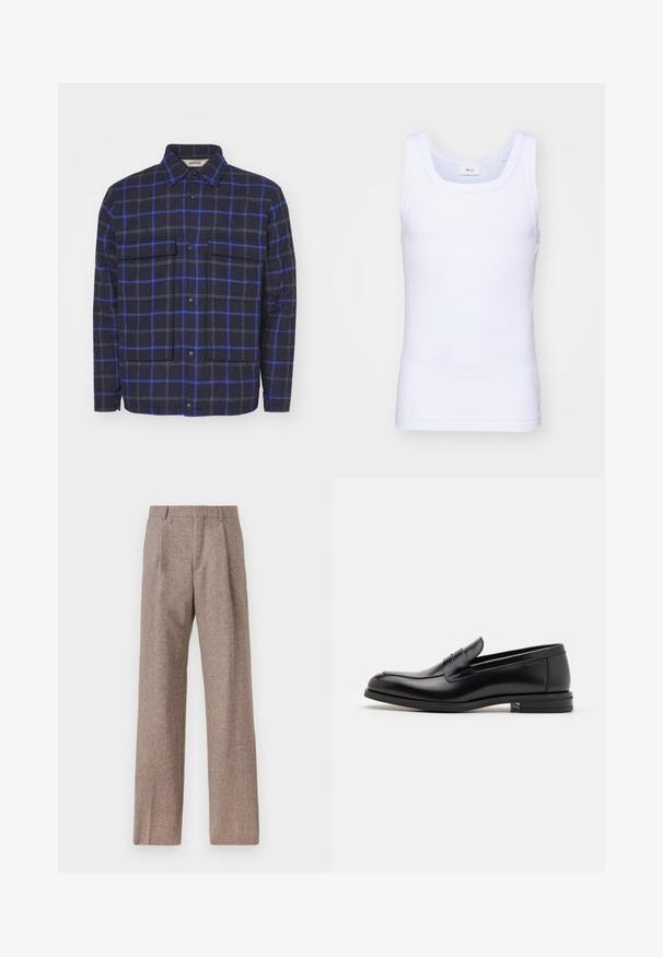 Veste à carreaux en tissu texturé, dotée d'un fond bleu marine foncé avec des carrés bleus et gris, deux poches poitrine et des boutons-pression.; Débardeur sans manches en coton blanc avec un col rond, présentant une texture lisse et une coupe ajustée, conçu pour un usage décontracté.; Pantalons marron taille haute en tissu texturé. Présente des jambes larges et deux plis avant pour la structure. Finition soignée sans matériel visible.; Mocassins en cuir noir avec une texture lisse, bout rond et une sangle décorative sur le dessus. Talon bas empilé, design minimaliste.