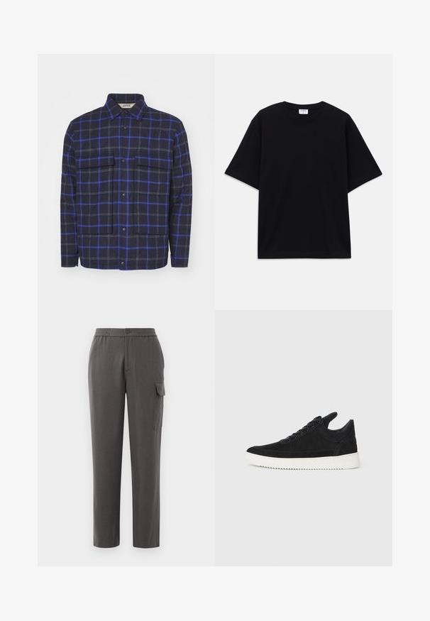 Plaid jacket made of textured fabric, featuring a dark navy background with blue and gray squares, two chest pockets, and snap buttons.; Black short-sleeve oversized T-shirt with round neckline and visible Filippa K brand label inside the collar.; Gray pants with a relaxed fit, made from a smooth fabric. Features a button closure, side pockets, and a cargo pocket on the leg.; Black suede sneaker with a white rubber sole, featuring tonal stitching and lace-up design. Smooth texture with a modern, streamlined shape.