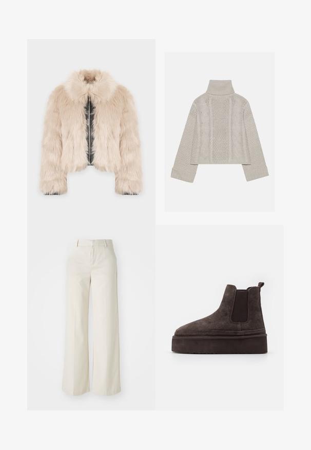 Falošná kožušinová skrátená bunda v svetlobežovej farbe s falošnou koženou podšívkou, so golierom a predným zipsom. Mäkká textúra a objemový strih.; Zastrihnutý svetlý sivý pletený sveter s vysokým golierom a rebrovanými manžetami, so štruktúrovanými káblovými vzormi na chrbte a po stranách.; Široké nohavice svetlej béžovej farby, vyrobené z hladkej textílie. Majú klasický pás a rovný predok s čistými líniami.; Hnedé semišové Chelsea topánky s elastickými bočnými panelmi a hrubou, štruktúrovanou platformou. Obsahujú pútko na päte pre jednoduché obúvanie.