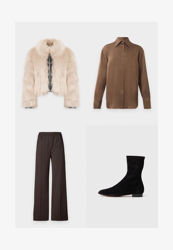 Valehalli lühike jakk heledas beežis, faux nahk sisemuse ja kraega, esiküljel tõmblukuga. Pehme tekstuur ja mahukas kuju.; Pruun pikkade varrukatega nööbitav särk terava krae ja mansettidega, esitatud lihtsa valge tausta ees.; Laiad sääred tumedast pruunist kangast püksid, elastse vöökohtaga, millel on sile tekstuur ja puhtad jooned, et saavutada kohandatud välimus.; Musthave mustan nahast pahkluu saabas, millel on kitsas vars, terav nina ja madal plokk-konts. Pehme tekstuur ja minimalistlik disain, sobib mitmekesiseks stiliseerimiseks.