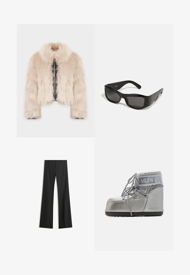 Krátká bunda z umělé kožešiny ve světle béžové barvě s interiérem z umělé kůže, obsahující límec a přední zipové zapínání. Měkká textura a objemový tvar.; Černé dlouhé tričko s rukávy vyrobené z bavlny, s kulatým výstřihem a hladkou texturou. Minimalistický design bez vzorů nebo akcentů.; Černé široké kalhoty vyrobené z hladkého materiálu, s vysokým pasem a čistými liniemi, bez viditelných vzorů nebo ozdob.; Stříbrná voděodolná bota s kulatým tvarem, texturovaným povrchem a šedými tkaničkami. Na horní části se nachází výrazné logo "MOON BOOT".; Černé obdélníkové sluneční brýle s tmavými skly, vyrobené z lesklého plastu. Rám má ostré úhly a výrazné logo na straně.; MM6 Maison Margiela SMALL JAPANESE - Velká kabelka - black