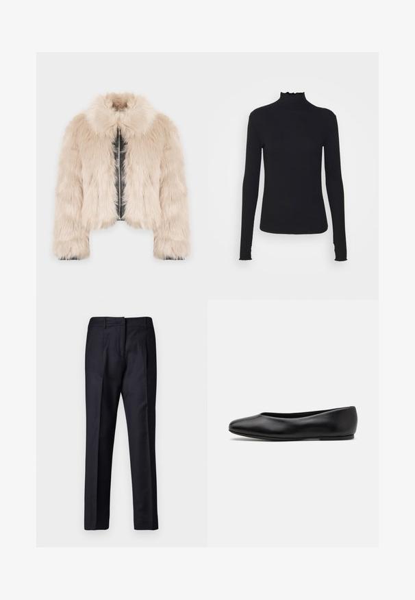 Faux fur cropped jacket in light beige with a faux leather interior, featuring a collar and a front zip closure. Soft texture and voluminous shape.; Black long-sleeve turtleneck top made of smooth fabric, featuring a ruffled neck and fitted silhouette with simple edges.; Navy tailored trousers with a smooth texture, featuring a flat front, dual pleats, and belt loops. Straight-leg cut, finished hem.; Paul Smith TOPANGA - Ballet pumps - black