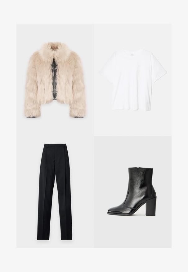 Krótka kurtka z futra syntetycznego w jasnym beżu, z wnętrzem z syntetycznej skóry, posiadająca kołnierz oraz zamek błyskawiczny z przodu. Miękka tekstura i obszerna forma.; Biała bawełniana koszulka z krótkim rękawem, okrągłym dekoltem, luźnym krojem i przeszytym brzegiem. Metka widoczna wewnątrz dekoltu.; Czarne spodnie wykonane z gładkiego materiału, z wysokim stanem, szerokimi nogawkami, fałdami z przodu i klasycznymi szlufkami na pasek. Brak widocznych kieszeni bocznych.; Czarne skórzane botki za kostkę o gładkiej fakturze, spiczastym nosku i grubym wysokim obcasie. Posiadają boczne wycięcie i minimalistyczny design.