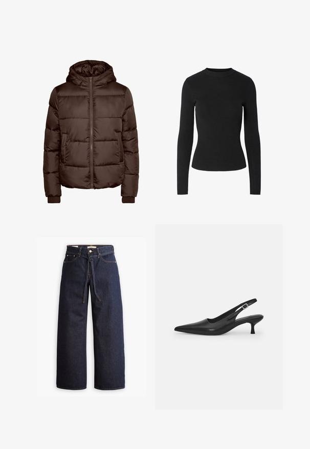 Giacca imbottita marrone con cappuccio, dotata di zip frontale, due tasche laterali e polsini a coste. Texture liscia e lucida con design trapuntato.; Maglione nero a coste con maniche lunghe, scollo rotondo e silhouette aderente, caratterizzato da una texture liscia su tutta la superficie.; Jeans in denim scuro a gamba larga con vita alta, dotati di un laccio, cinque tasche e dettagli di cucitura a contrasto.; Scarpa slingback nera in pelle con punta affusolata e tacco sottile e curvato. Presenta una discreta fascia regolabile con una fibbia in metallo.