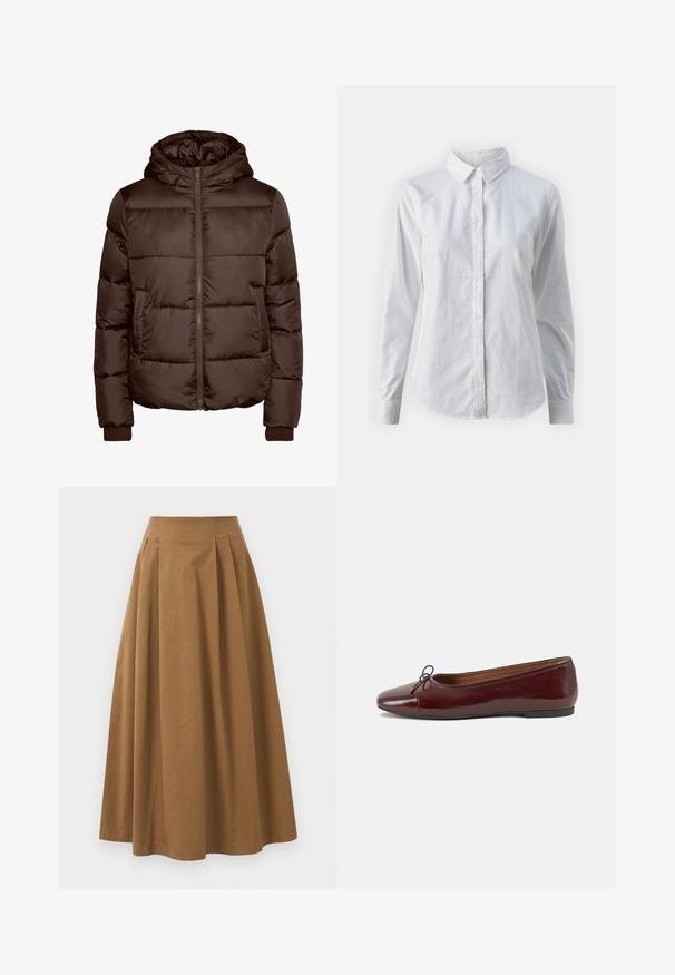 Brown padded jacket with a hood, featuring a front zipper, two side pockets, and ribbed cuffs. Smooth, shiny texture with quilted design.; White button-up shirt made of smooth cotton, featuring a classic collar, long sleeves, and a curved hem. Buttons are small and white.; Brown cotton A-line skirt with a high waist, featuring pleats down the front and a smooth texture. Hem finishes are clean and simple.; Burgundy patent leather ballet flat with a rounded toe, small bow accent at the front, and a low, black rubber sole. Smooth texture.